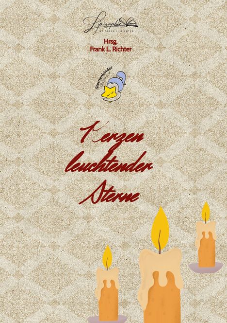 "Kerzen leuchtender Sterne". Beige Hintergrund, Muster, drei brennende Kerzen, Sternetexte-Illustration mit Mütze.