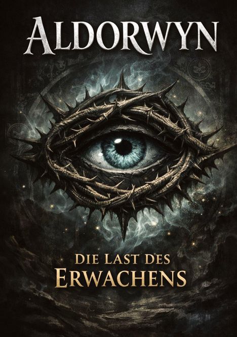 Titel: "Aldorwyn: Die Last des Erwachens". Illustration eines Auges, umgeben von Dornen. Mystische, dunkle Atmosphäre.