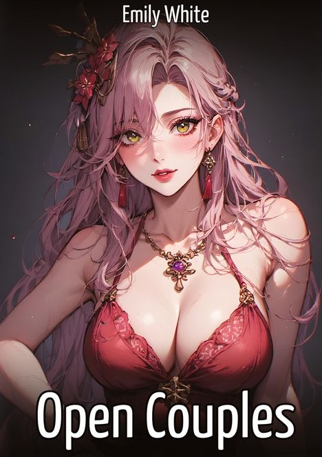 Text: "Emily White, Open Couples." Illustration einer Frau mit langen, rosa Haaren und rotem Kleid, detailreiche Schmuckstücke.