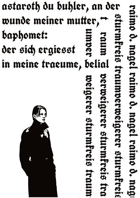 Texte in gotischer Schrift: Namen wie "astoroth", "baphomet", "belial". Illustration: Person in schwarzem Mantel.