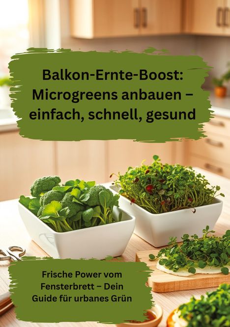 Balkon-Ernte-Boost: Microgreens anbauen – einfach, schnell, gesund. Frische Power vom Fensterbrett – Dein Guide für urbanes Grün. Zwei Schalen mit Microgreens auf einem Tisch in einer Küche.