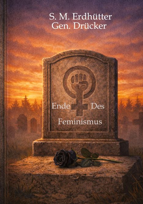 "Ende des Feminismus." Grabstein mit erhobener Faustsymbolik. Schwarze Rose liegt davor. Sonnenuntergang im Hintergrund.