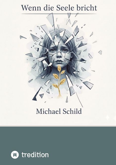 "Wenn die Seele bricht," Michael Schild. Illustration: Ein zerbrochenes Gesicht mit goldenem Zweig. Unten tredition-Logo.