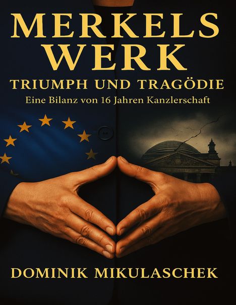 "Merkels Werk: Triumph und Tragödie - Eine Bilanz von 16 Jahren Kanzlerschaft" von Dominik Mikulaschek. Hände formen Raute.