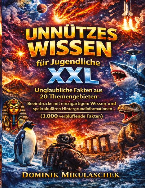 Buchtitel: "Unnützes Wissen für Jugendliche XXL". Bunte Collage mit Dinosaurier, Astronaut, Hai und Pinguin.