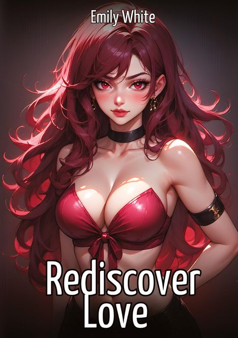 Text: "Emily White, Rediscover Love." Illustration: Frau mit langem, rotem Haar, trägt rotes Top und schwarz-goldene Accessoires.