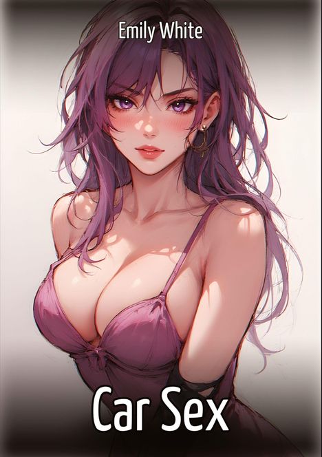 "Emily White", "Car Sex". Illustration einer Frau mit lila Haaren, tiefem Dekolleté und einem lila Kleid.