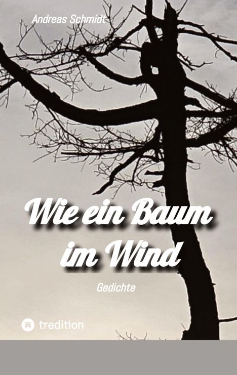 „Wie ein Baum im Wind, Gedichte, Andreas Schmidt“. Silhouette eines Baumes vor grauem Himmel. Unten tredition-Logo.