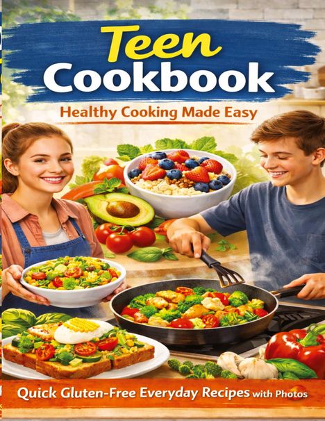 Einfarbiger Text oben: "Teen Cookbook - Healthy Cooking Made Easy", unten "Quick Gluten-Free Everyday Recipes with Photos". Zwei Jugendliche kochen und bereiten Speisen zu.
