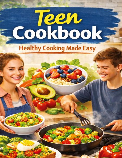 „Teen Cookbook. Healthy Cooking Made Easy.” Zwei Jugendliche kochen und präsentieren bunte, gesunde Gerichte.