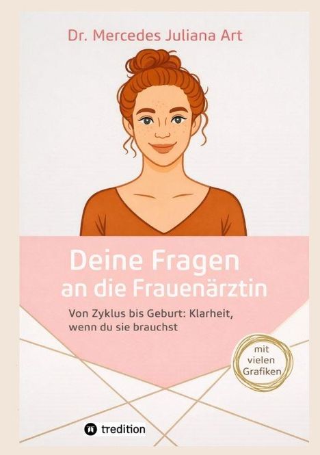 "Deine Fragen an die Frauenärztin" von Dr. Mercedes Juliana Art. Illustration: Frau mit Dutt, schlichtes Design.