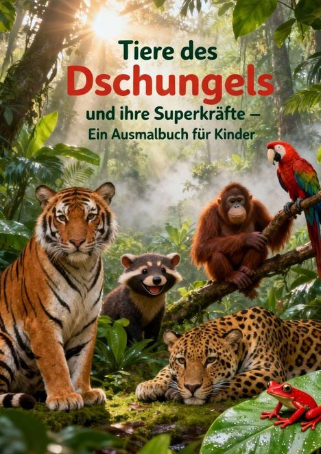 „Tiere des Dschungels und ihre Superkräfte – Ein Ausmalbuch für Kinder“, zeigt Tiger, Orang-Utan, Papagei und Jaguar im Regenwald.