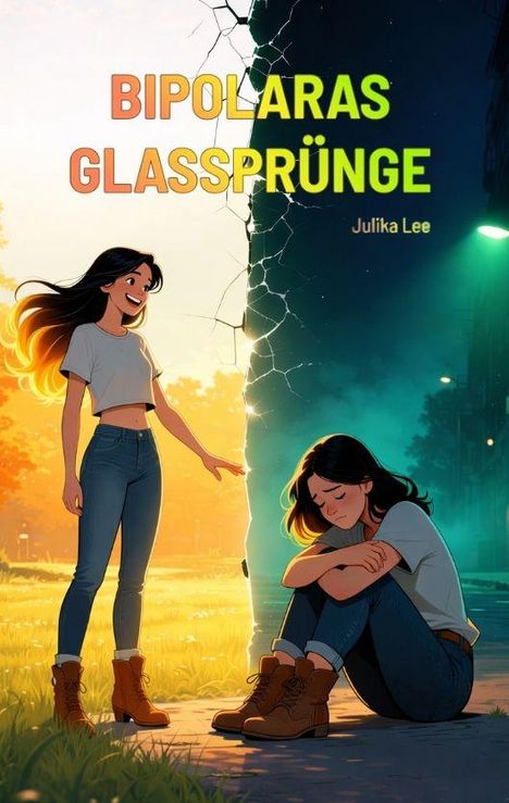 "BIPOLARAS GLASSPRÜNGE" und "Julika Lee" in farbigem Text. Illustration zeigt eine Frau, einmal stehend lächelnd, einmal sitzend traurig.