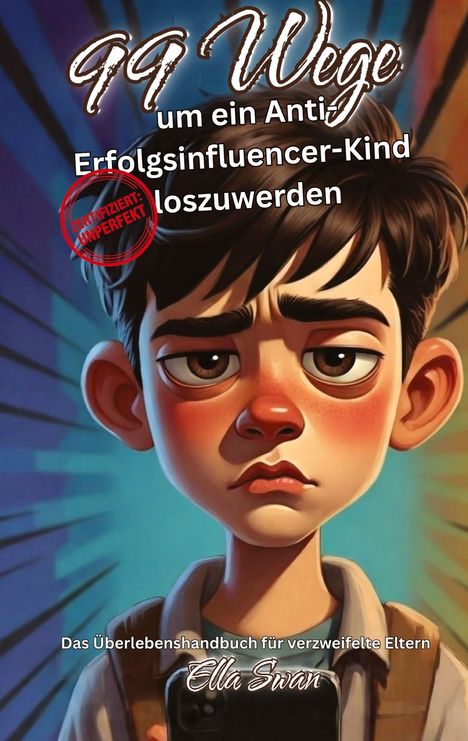 „99 Wege, um ein Anti-Erfolgsinfluencer-Kind loszuwerden. Zertifiziert: Unperfekt. Das Überlebenshandbuch für verzweifelte Eltern“ von Ella Swan. Illustration zeigt einen Jungen mit traurigem Gesichtsausdruck.