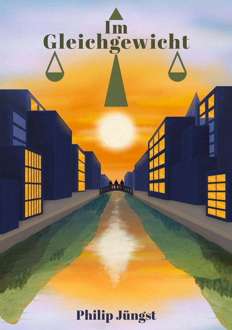 „Im Gleichgewicht“ und „Philip Jüngst“ vor einer Skyline bei Sonnenuntergang, mit einer Brücke über einem Fluss.