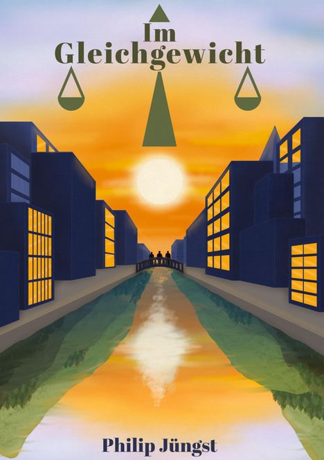 „Im Gleichgewicht“, Illustration mit Fluss, Brücke und Hochhäusern bei Sonnenuntergang.