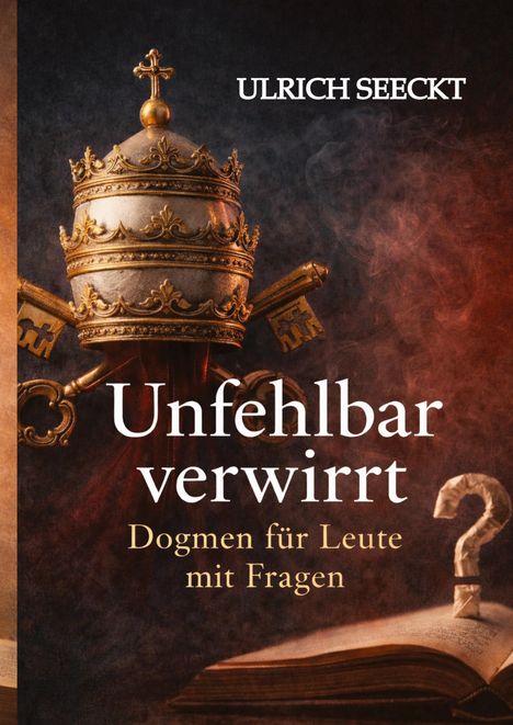"ULRICH SEECKT. Unfehlbar verwirrt. Dogmen für Leute mit Fragen." Eine Papstkrone mit zwei goldenen Schlüsseln davor.