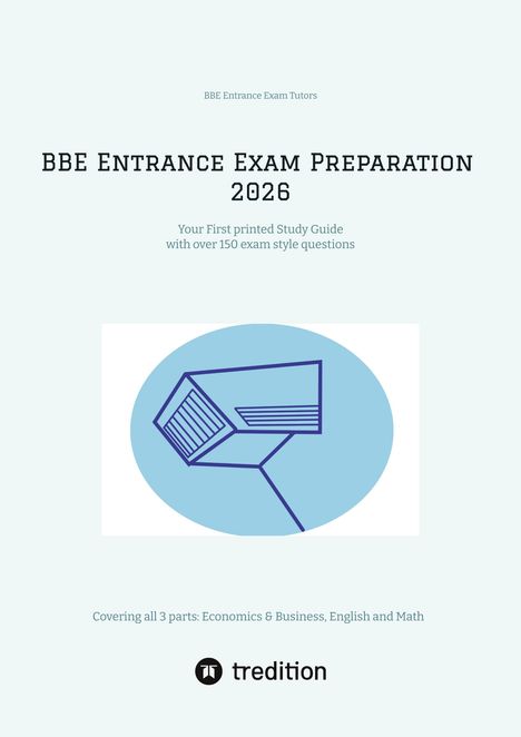 BBE Entrance Exam Preparation 2026, Lernführer, über 150 Prüfungsfragen. Illustration eines stilisierten Megafons.