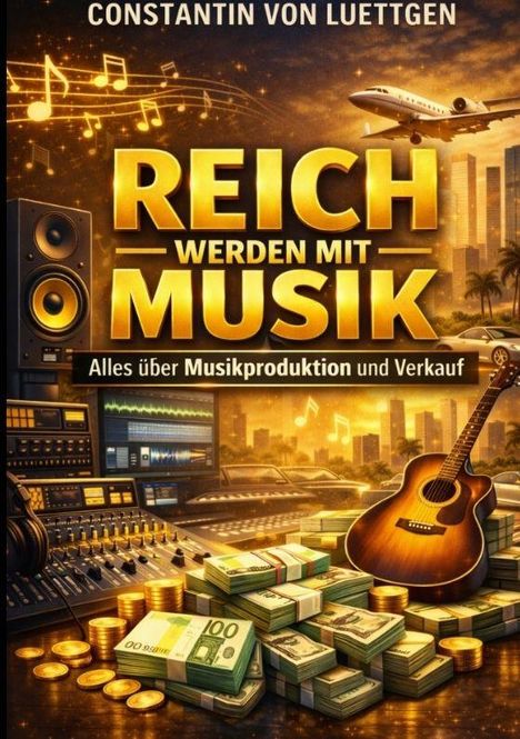 Buchtitel von Constantin von Luettgen. "Reich werden mit Musik." Musik-Produktion, Geldstapel und eine Gitarre im Studio.