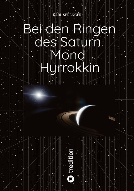 Text: "Bei den Ringen des Saturn Mond Hyrrokkin". Eine Illustration mit Saturn vor einem Sternenhintergrund.
