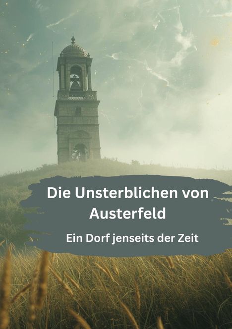 „Die Unsterblichen von Austerfeld. Ein Dorf jenseits der Zeit.“ Ein Turm auf einem Hügel unter einem mystischen Himmel.