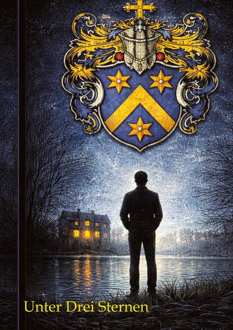 Unter drei Sternen. Ein Mann am Fluss sieht ein erleuchtetes Herrenhaus und ein Wappen mit drei goldenen Sternen.