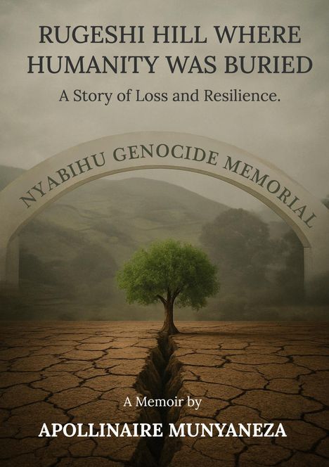 „Rugeshi Hill Where Humanity Was Buried“, oben. Ein Baum auf trockener Erde vor einem Bogen mit „Nyabihu Genocide Memorial“.