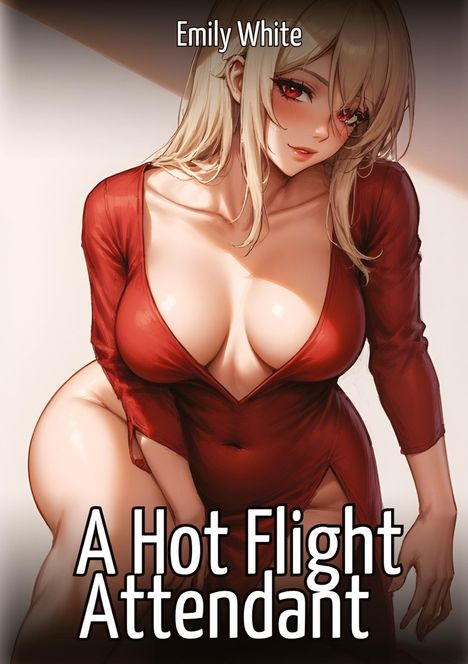 Text: "Emily White", "A Hot Flight Attendant". 
Illustration: Blonde Frau in rotem Kleid mit tiefem Ausschnitt, lächelt.