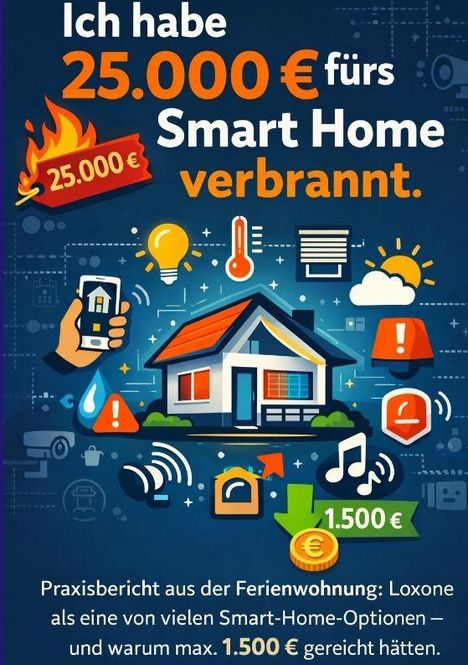 Ich habe 25.000 € fürs Smart Home verbrannt. Illustration eines Hauses mit Smart-Home-Symbolen und Flamme bei 25.000 €.