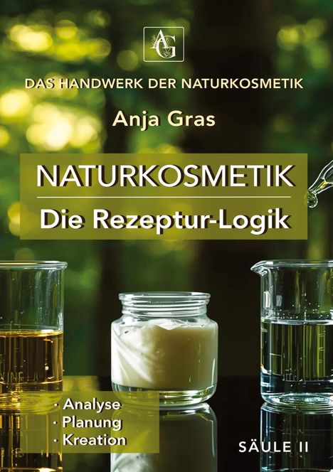 Text: "DAS HANDWERK DER NATURKOSMETIK", "Anja Gras", "NATURKOSMETIK", "Die Rezeptur-Logik", "Analyse Planung Kreation", "SÄULE II". Hintergrund: Glasgefäße mit Flüssigkeit und Creme.