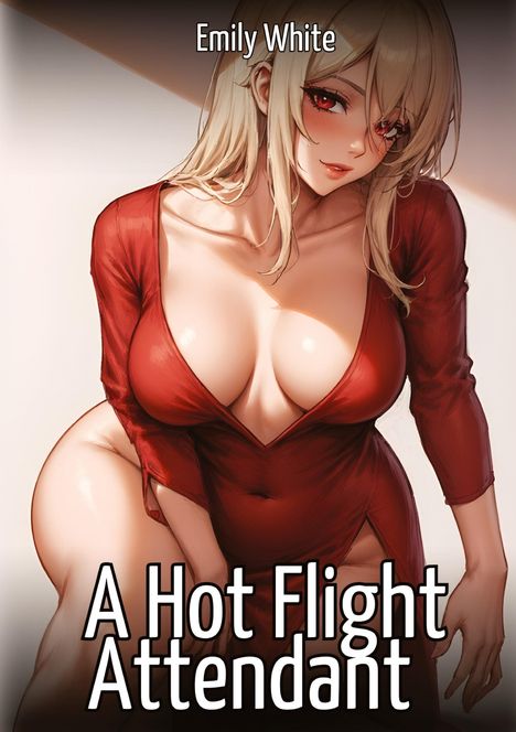 Text: "Emily White" und "A Hot Flight Attendant". Eine Illustration einer Frau in rotem Kleid mit blondem Haar und einem Lächeln.