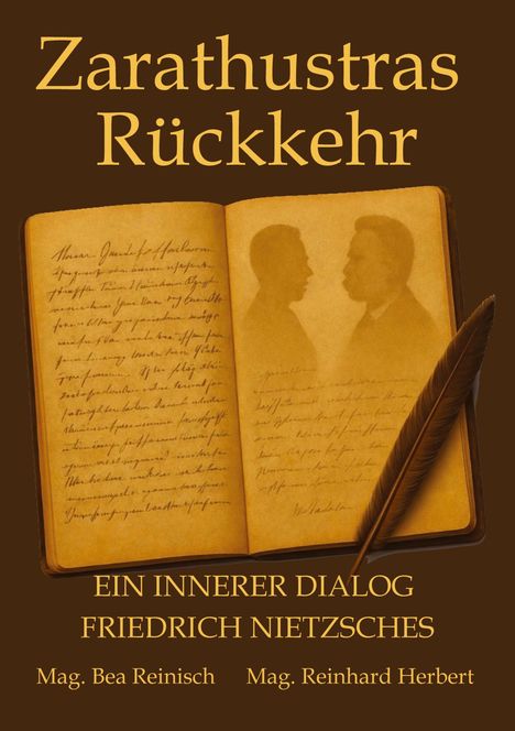 „Zarathustras Rückkehr“: Ein offenes Buch mit Schatten zweier Gesichter, darunter Autoren und eine Feder.