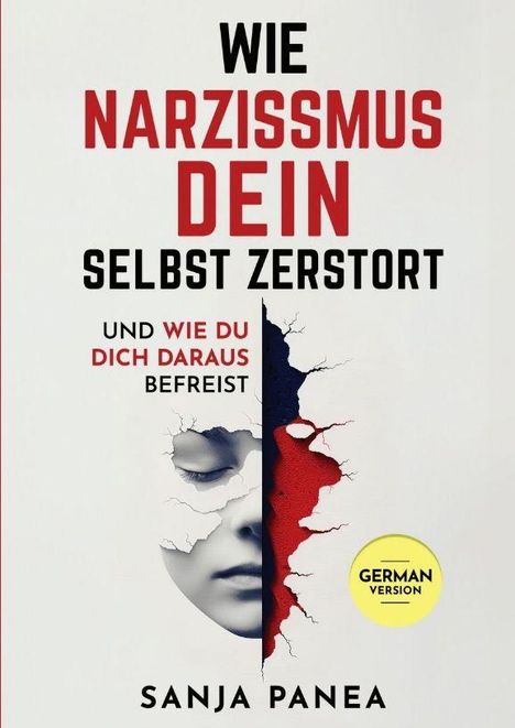 Text: "Wie Narzissmus Dein Selbst Zerstört und Wie Du Dich Daraus Befreist." Gesichtshälfte mit Rissen, gelbes Label.