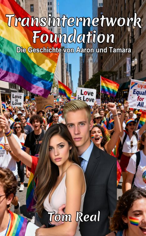 "Transinternetwork Foundation: Die Geschichte von Aaron und Tamara. Tom Real." Menschen bei einer Pride-Parade mit Regenbogenfahnen.