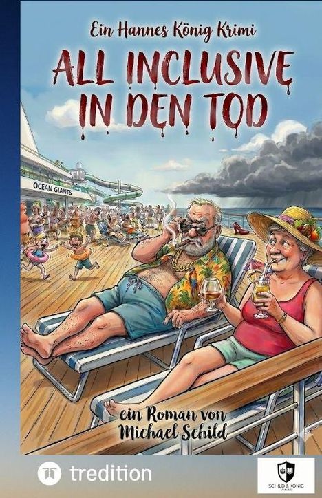 "All Inclusive in den Tod" steht oben. Illustration: Älteres Paar entspannt auf Kreuzfahrtschiffdeck, umgeben von Sonnenbadenden.
