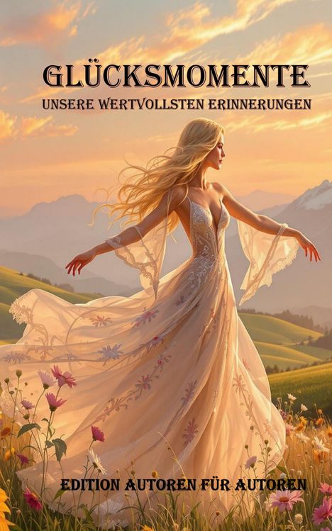 "GLÜCKSMOMENTE: UNSERE WERTVOLLSTEN ERINNERUNGEN" begleitet von einer Frau in einem fließenden Kleid vor Berglandschaft.