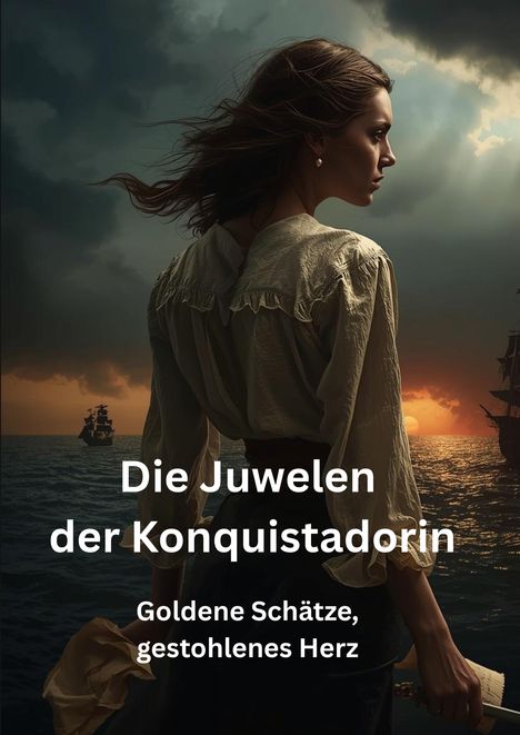 Text: "Die Juwelen der Konquistadorin. Goldene Schätze, gestohlenes Herz." Frau am Meer, Sonnenuntergang, Segelschiffe.