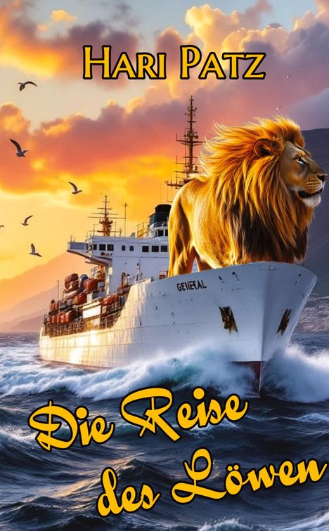 "Hari Patz, Die Reise des Löwen." Ein Löwe steht majestätisch auf einem Schiff, das durch ein stürmisches Meer fährt.
