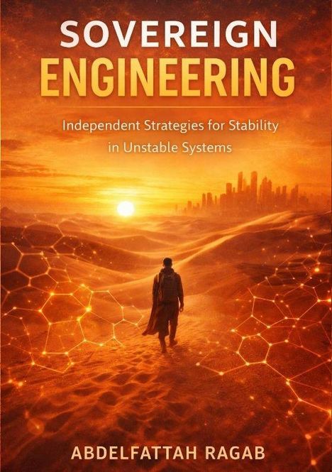 "SOVEREIGN ENGINEERING. Independent Strategies for Stability in Unstable Systems. ABDELFATTAH RAGAB." Person in Wüste bei Sonnenuntergang.