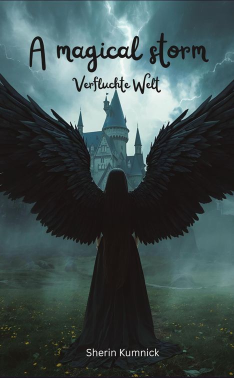 "A magical storm, Verfluchte Welt, Sherin Kumnick." Eine dunkle Gestalt mit Flügeln vor einem Schloss in stürmischer Landschaft.