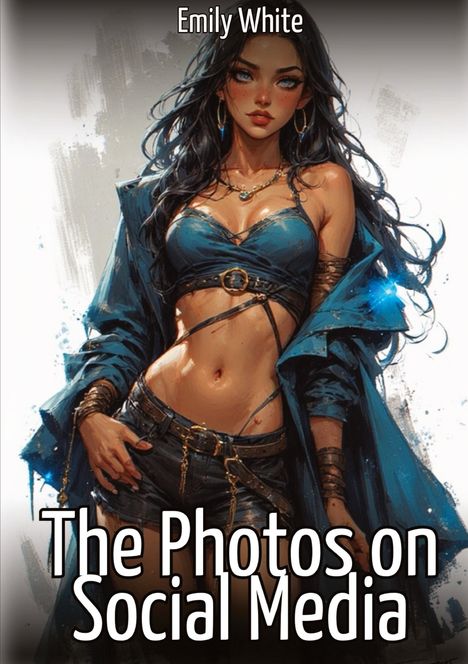 Oben: "Emily White". Unten: "The Photos on Social Media". Illustration einer Frau in blauer Kleidung.