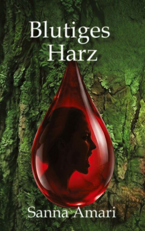 "Blutiges Harz" und "Sanna Amari" auf grünem Hintergrund. Eine rote Tropfenform zeigt das Profil eines schreienden Gesichts.