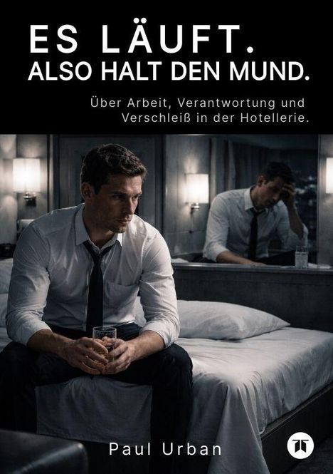 "ES LÄUFT. ALSO HALT DEN MUND. Über Arbeit, Verantwortung und Verschleiß in der Hotellerie." zeigt einen nachdenklichen Mann.