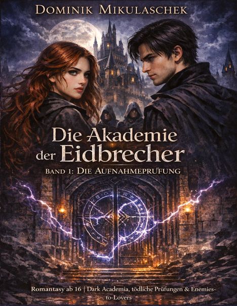 Titel: "Die Akademie der Eidbrecher". Zwei Personen vor einem Schloss, magische Tür mit leuchtendem Kreis.