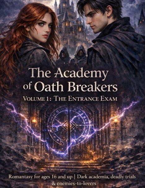 Zwei junge Menschen im Umhang vor einem Schloss. Schriftzug: "The Academy of Oath Breakers Volume 1: The Entrance Exam".