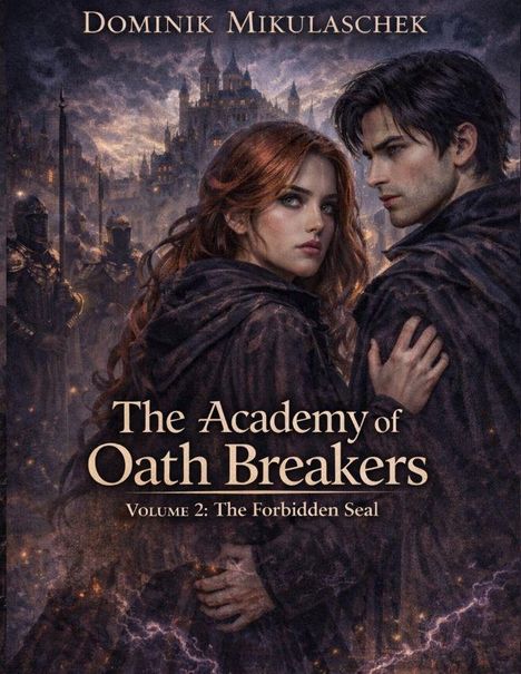 Der Titel lautet: "The Academy of Oath Breakers - Volume 2: The Forbidden Seal." Zwei Personen stehen in mittelalterlichem Gewand vor einer düsteren Burg.