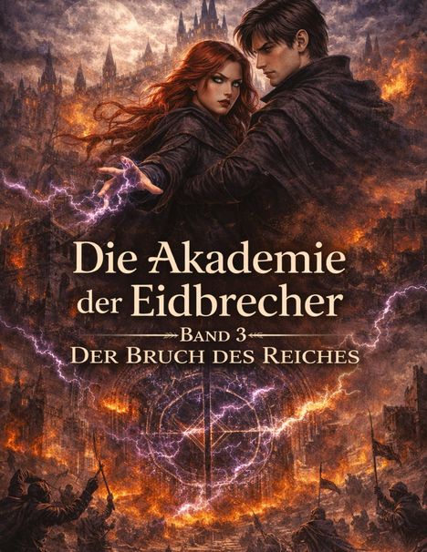 "Die Akademie der Eidbrecher Band 3 Der Bruch des Reiches". Zwei Personen vor einer brennenden Fantasy-Stadt.