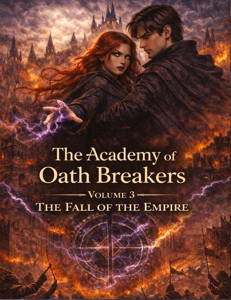 "The Academy of Oath Breakers, Volume 3, The Fall of the Empire." Zwei Figuren mit Magie vor brennenden Türmen. düstere Atmosphäre.