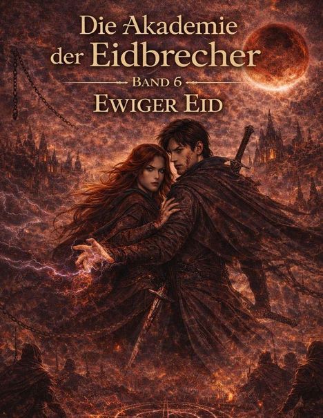 Text: "Die Akademie der Eidbrecher, Band 6, Ewiger Eid." Illustration: Zwei Personen, umgeben von düsterer, magischer Szenerie.