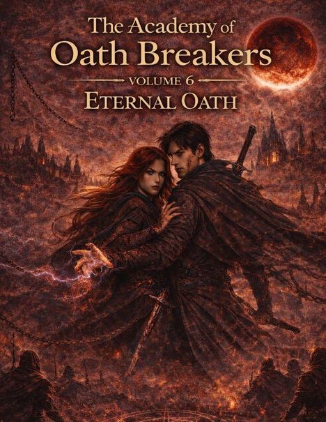 "The Academy of Oath Breakers, Volume 6, Eternal Oath." Zwei Personen in dramatischer Pose vor düsterer Kulisse mit rotem Mond.